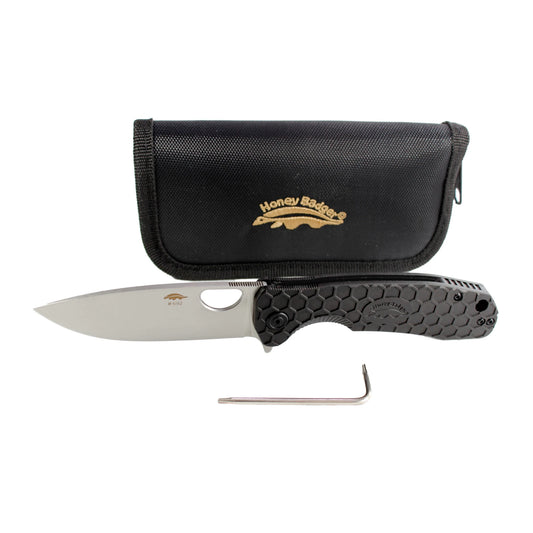 Honey Badger Flipper Stonewashed D2 Med Blk W/Zipper Pouch, Knives, - Outdoor Kuwait