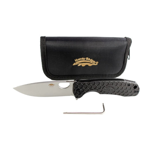 Honey Badger Flipper Stonewashed D2 Lrg Blk W/Zipper Pouch, Knives, - Outdoor Kuwait