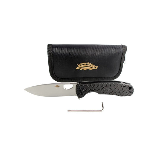 Honey Badger Flipper Stonewashed D2 Med Blk W/Zipper Pouch, Knives, - Outdoor Kuwait